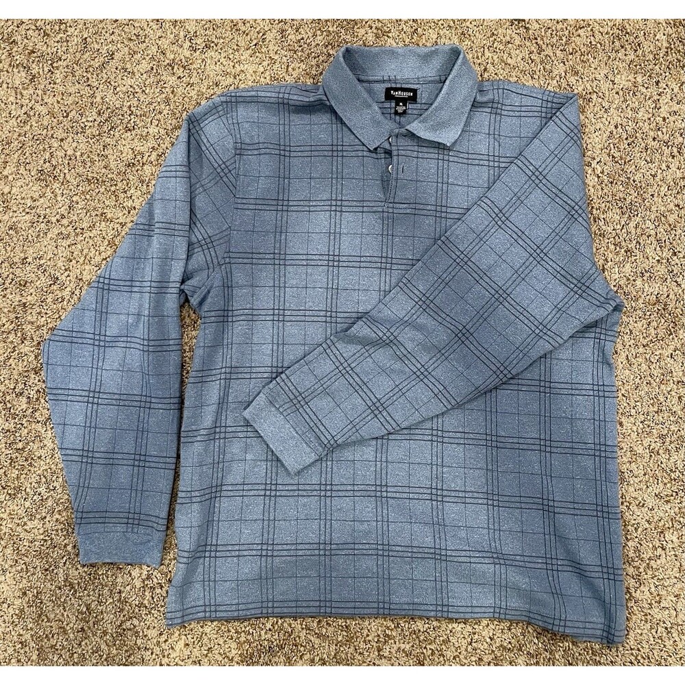 Van Heusen Men’s Long Sleeve Polo XL Gray Blue Plaid Cotton Blend - Picture 2 of 4